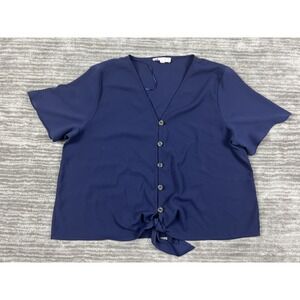 Pink Rose Top Womens Extra Large Blue Crop Tied Hem Shortsleeve V Neck